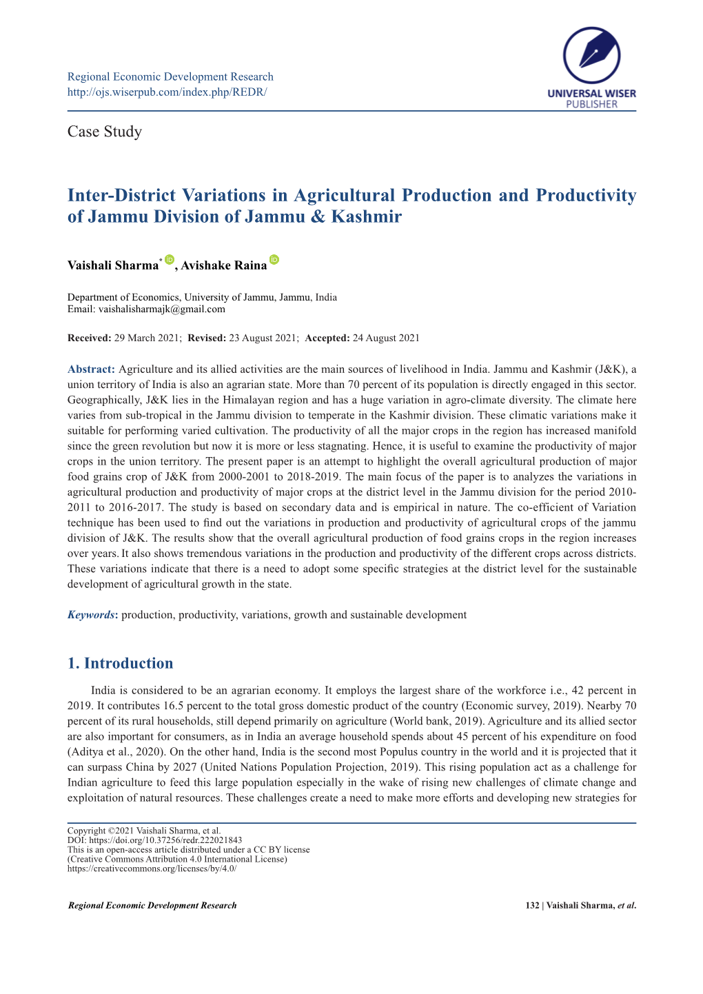 Inter-District Variations in Agricultural Production and Productivity of Jammu Division of Jammu & Kashmir