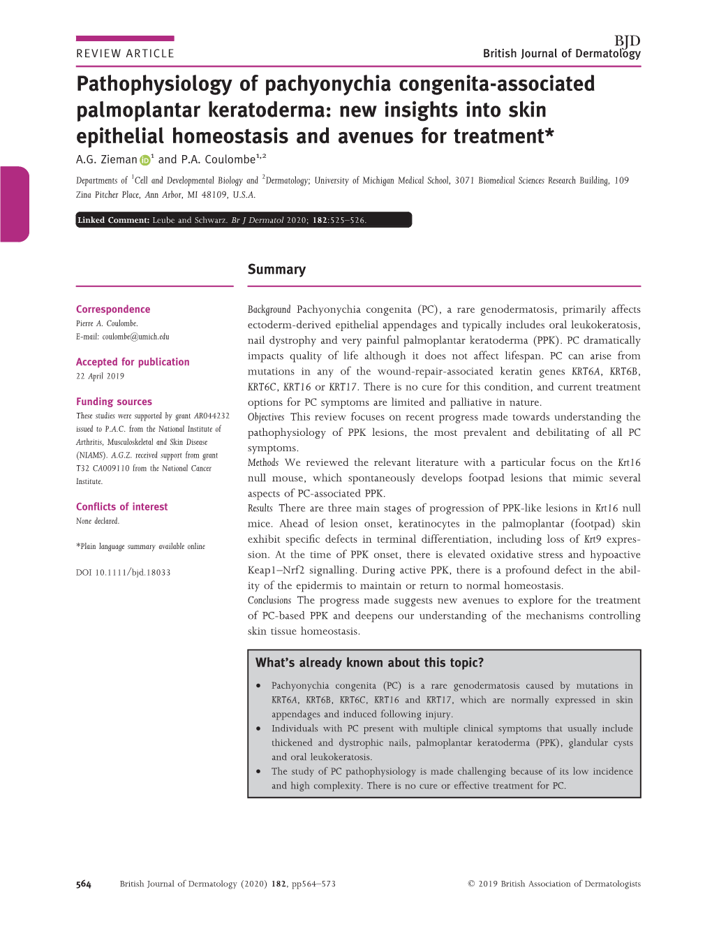 Associated Palmoplantar Keratoderma: New Insights Into Skin Epithelial Homeostasis and Avenues for Treatment* 1 1,2 A.G