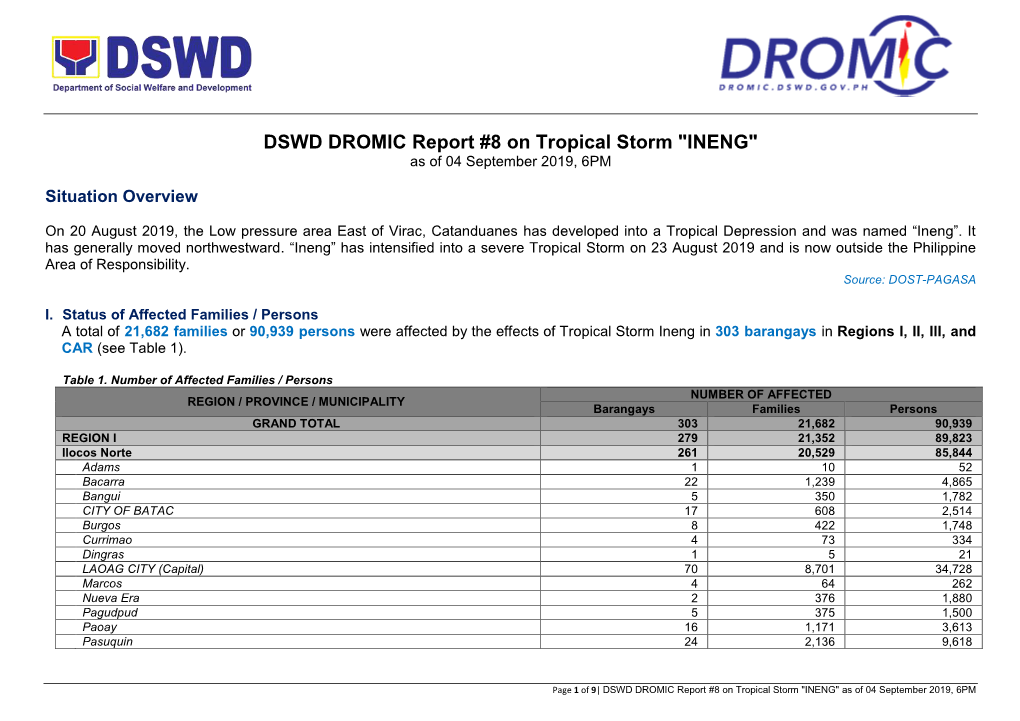DSWD DROMIC Report #8 on Tropical Storm "INENG" As of 04 September 2019, 6PM