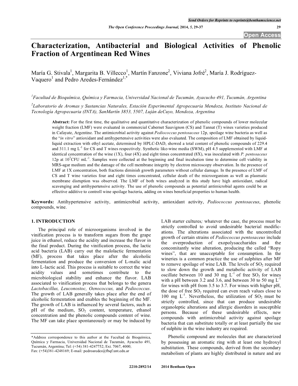 Characterization, Antibacterial and Biological Activities of Phenolic Fraction of Argentinean Red Wines