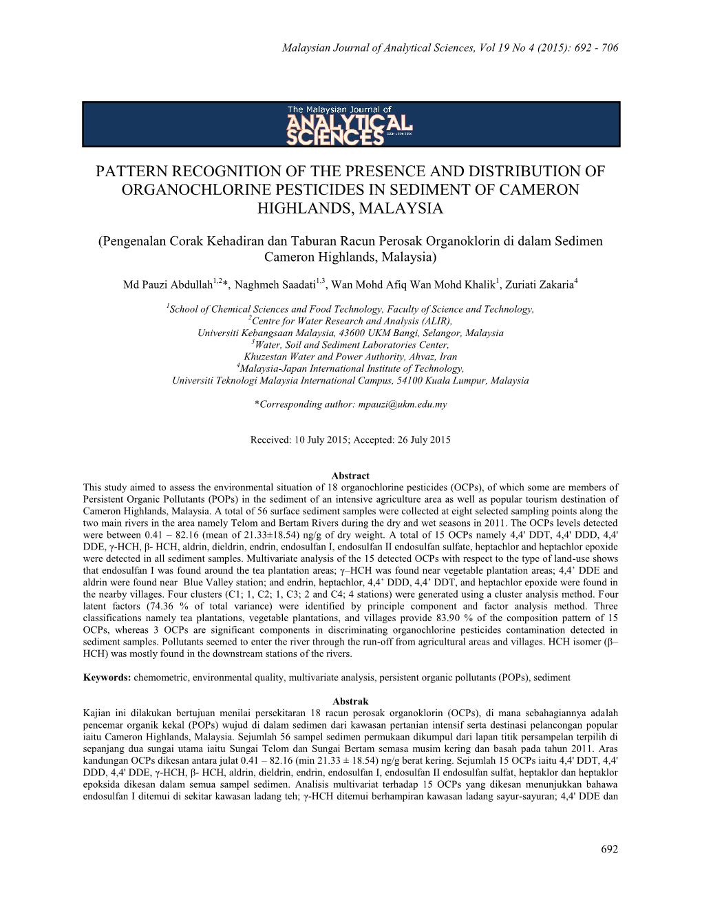 Pattern Recognition of the Presence and Distribution of Organochlorine Pesticides in Sediment of Cameron Highlands, Malaysia