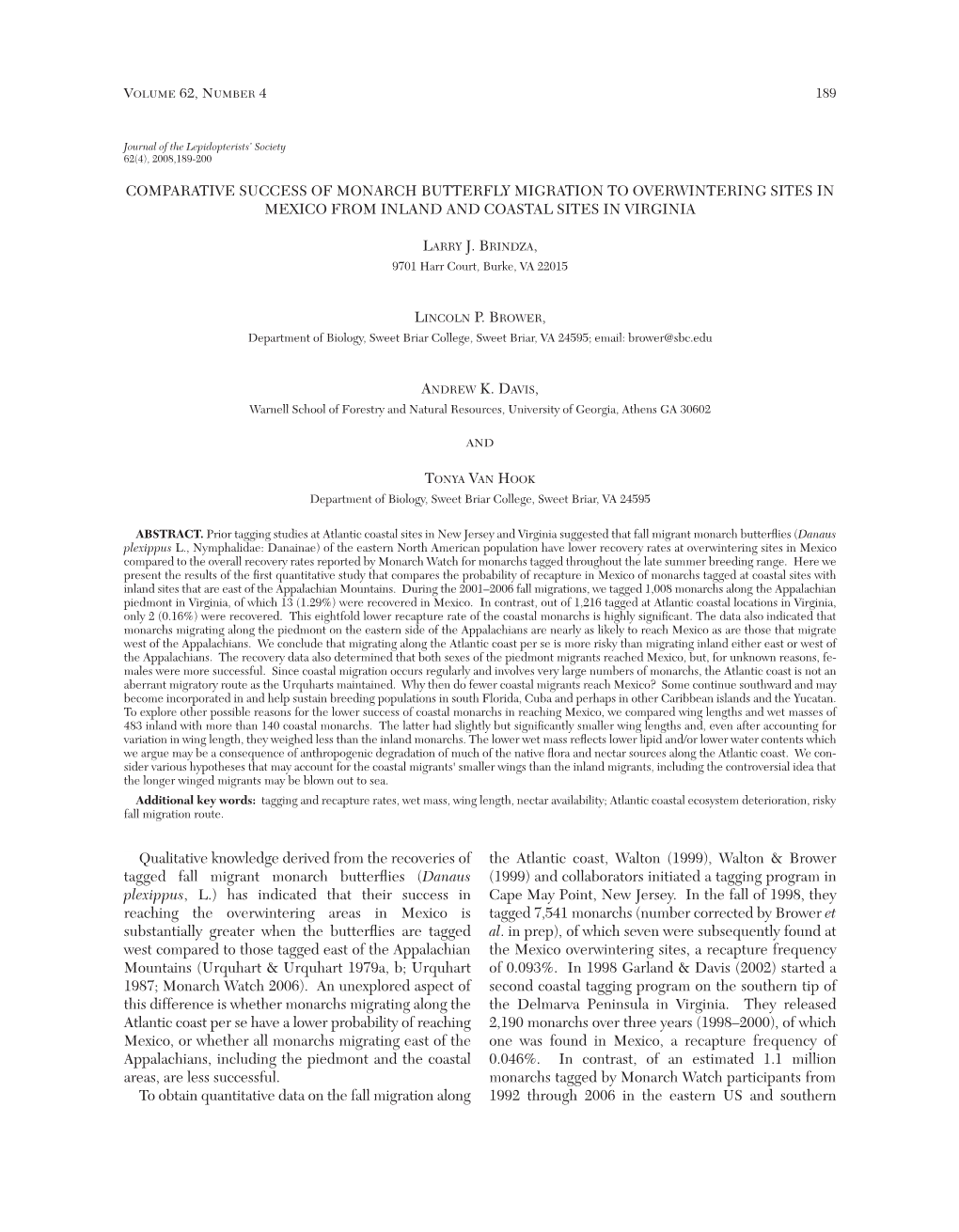 Comparative Success of Monarch Butterfly Migration to Overwintering Sites in Mexico from Inland and Coastal Sites in Virginia