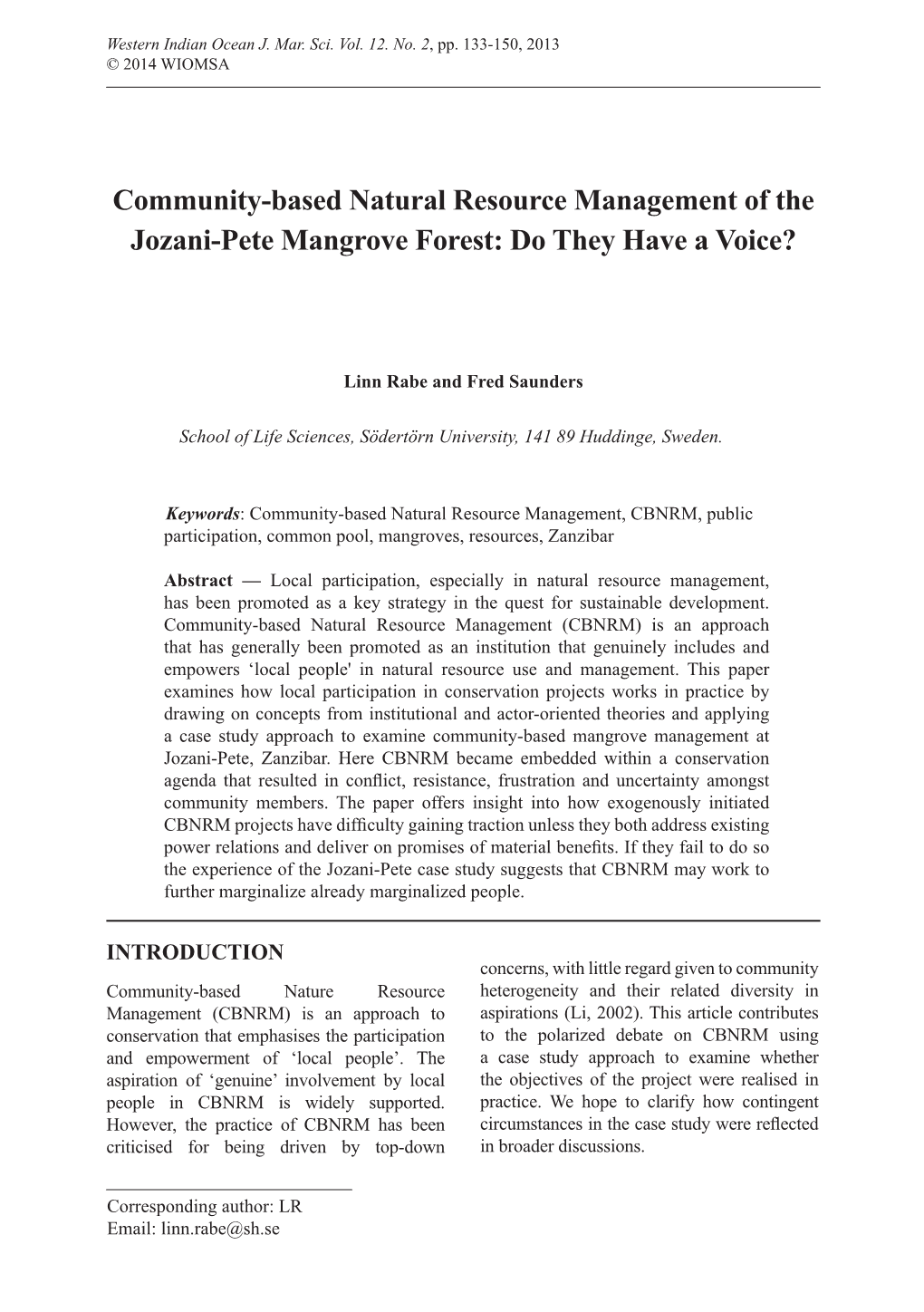 Community-Based Natural Resource Management of the Jozani-Pete Mangrove Forest: Do They Have a Voice?