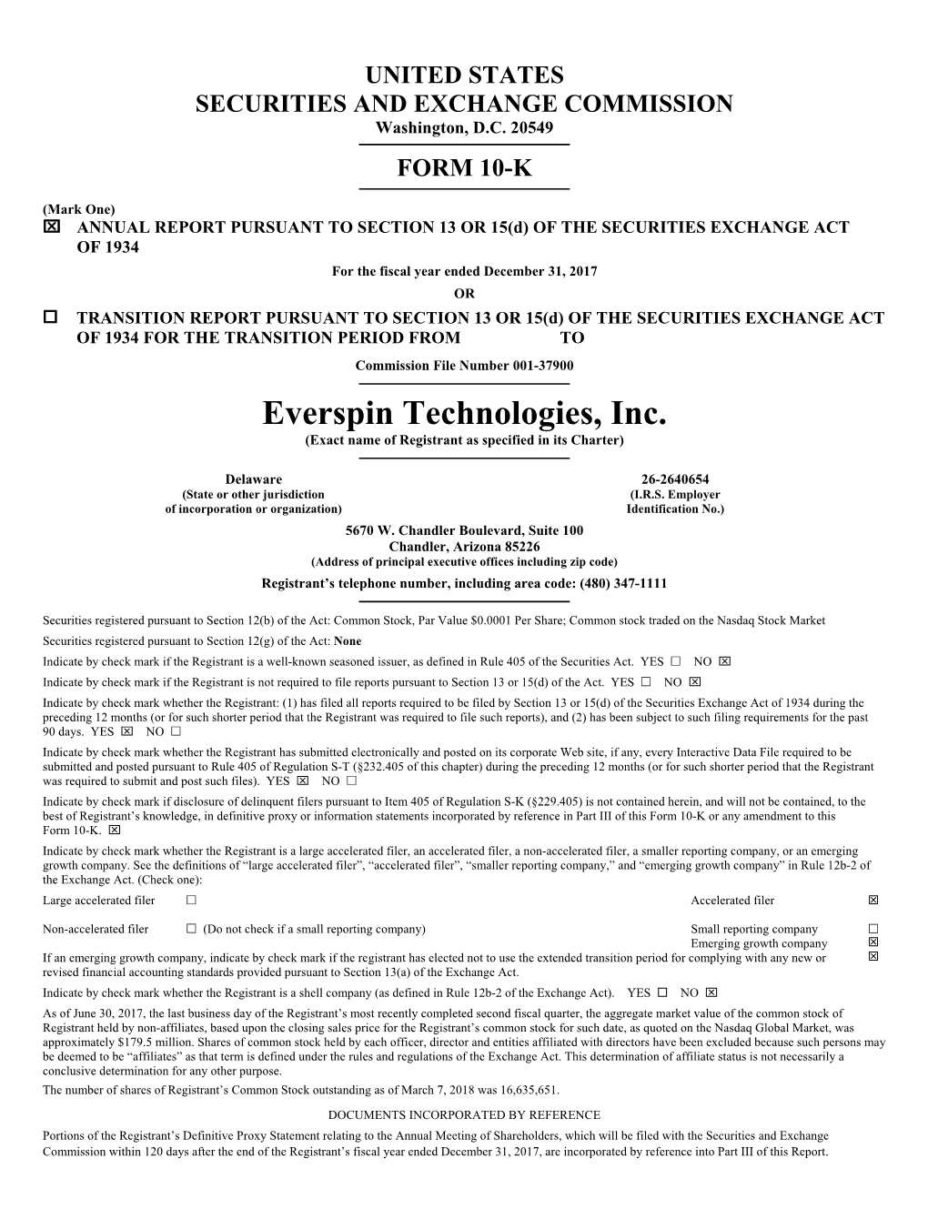 Everspin Technologies, Inc. (Exact Name of Registrant As Specified in Its Charter)