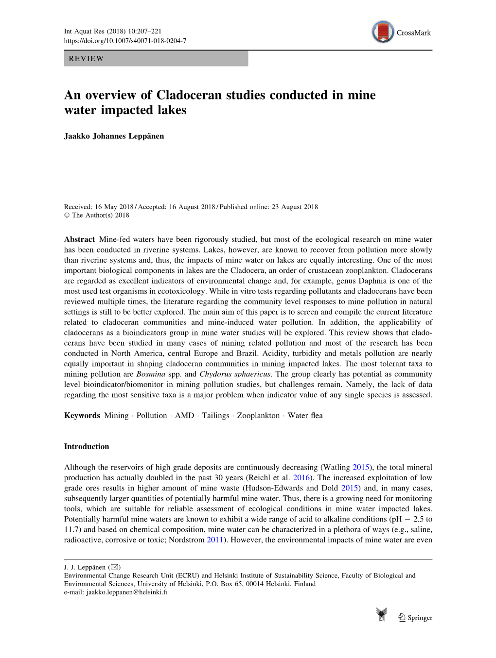 An Overview of Cladoceran Studies Conducted in Mine Water Impacted Lakes