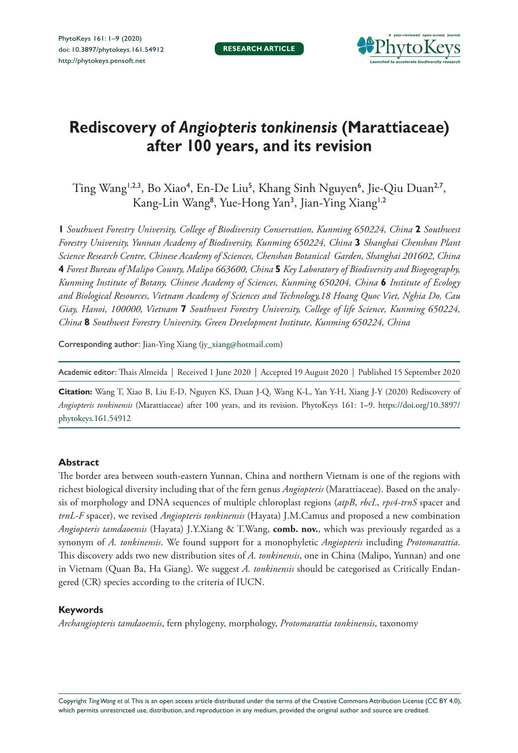 Rediscovery of Angiopteris Tonkinensis (Marattiaceae) After 100 Years, and Its Revision