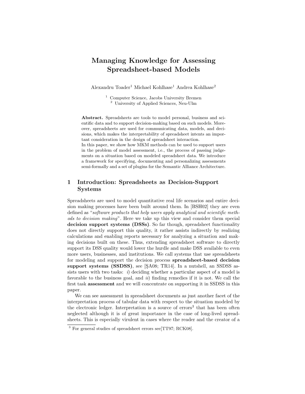 Managing Knowledge for Assessing Spreadsheet-Based Models