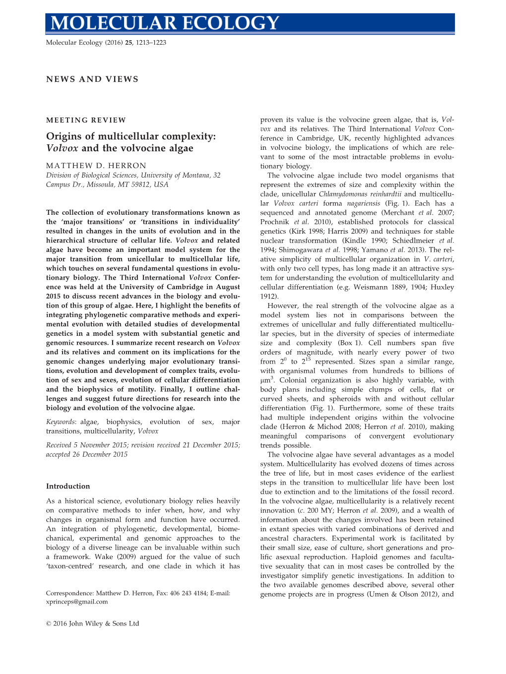 Origins of Multicellular Complexity: Volvox and the Volvocine Algae