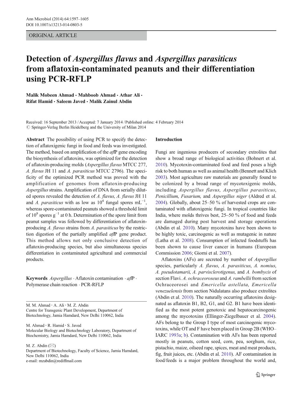 Detection of Aspergillus Flavus and Aspergillus Parasiticus from Aflatoxin-Contaminated Peanuts and Their Differentiation Using PCR-RFLP