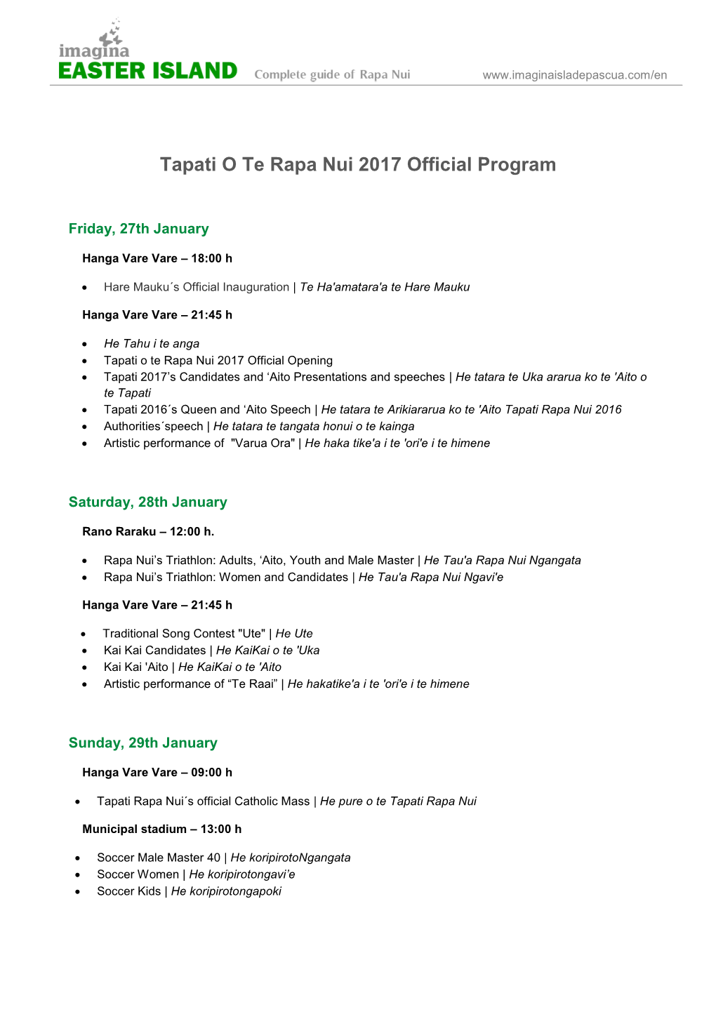 Tapati O Te Rapa Nui 2017 Official Program