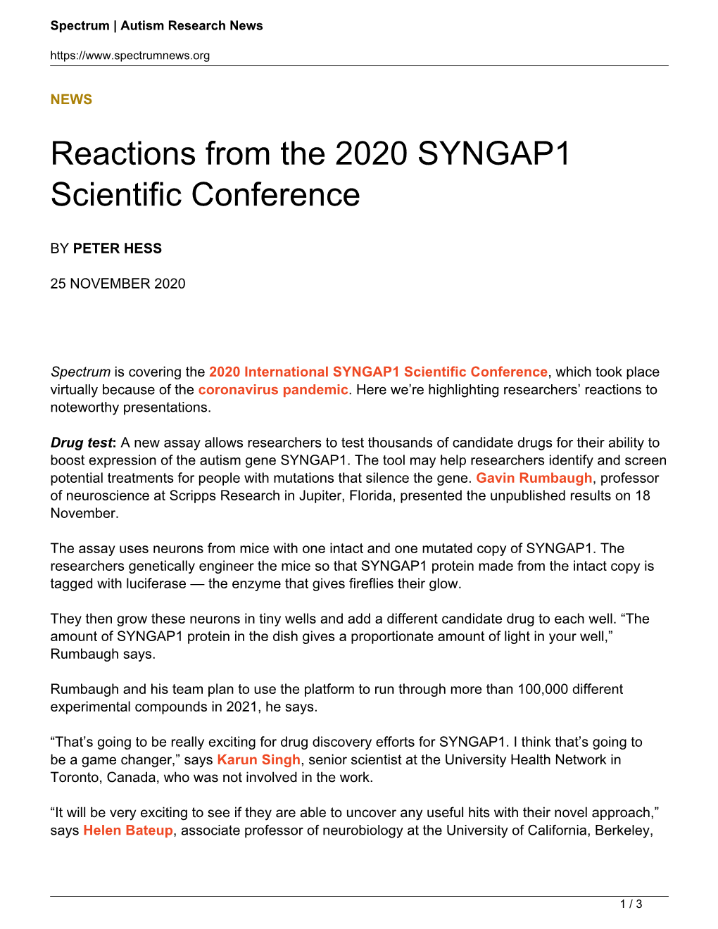 Reactions from the 2020 SYNGAP1 Scientific Conference