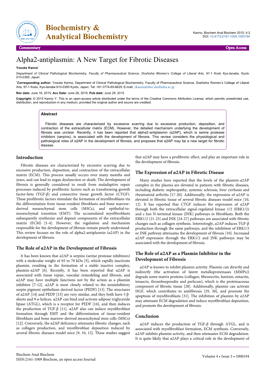 Alpha2-Antiplasmin: a New Target for Fibrotic Diseases