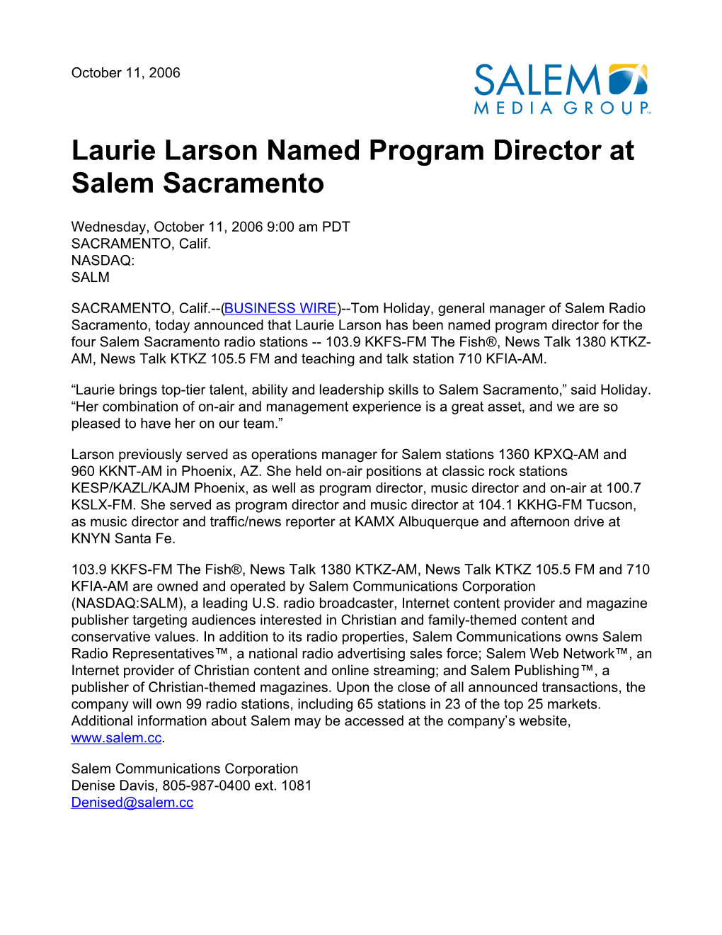 Laurie Larson Named Program Director at Salem Sacramento