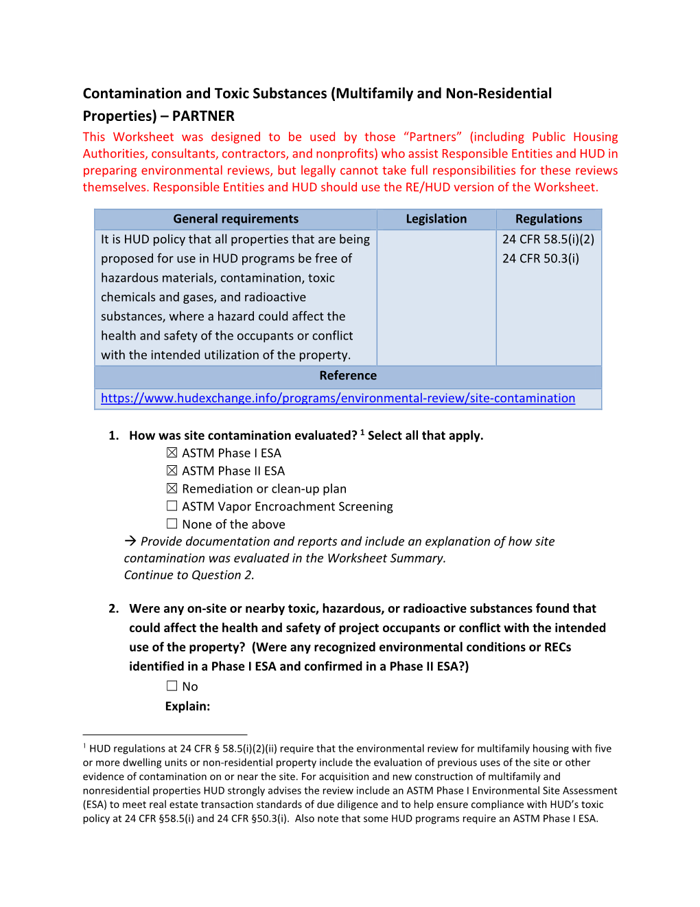 Contamination and Toxic Substances Multifamily Partner Worksheet