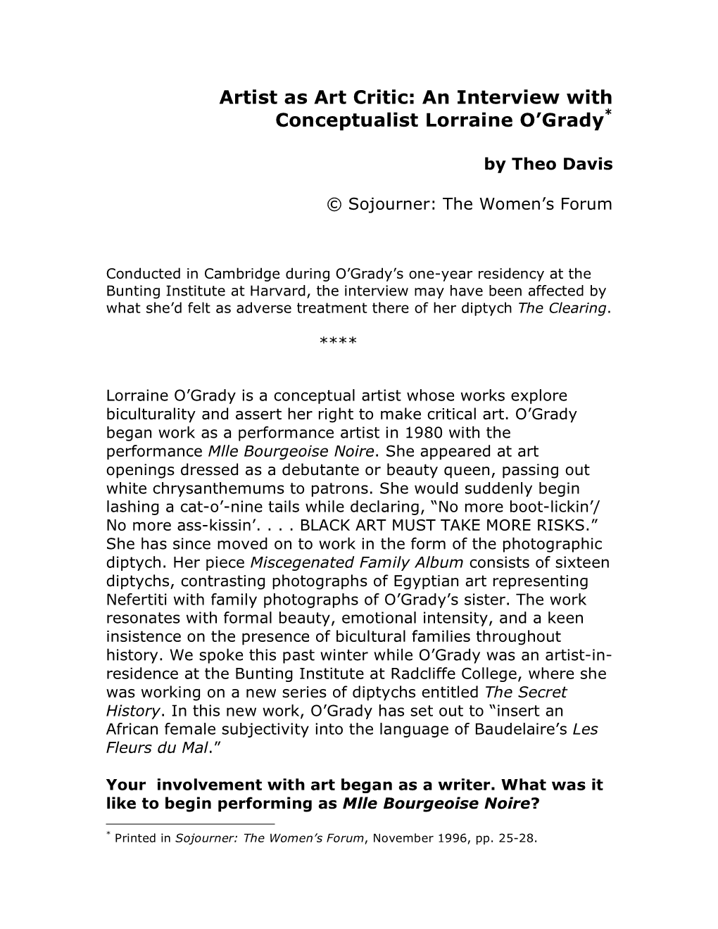 Artist As Art Critic: an Interview with Conceptualist Lorraine O'grady*