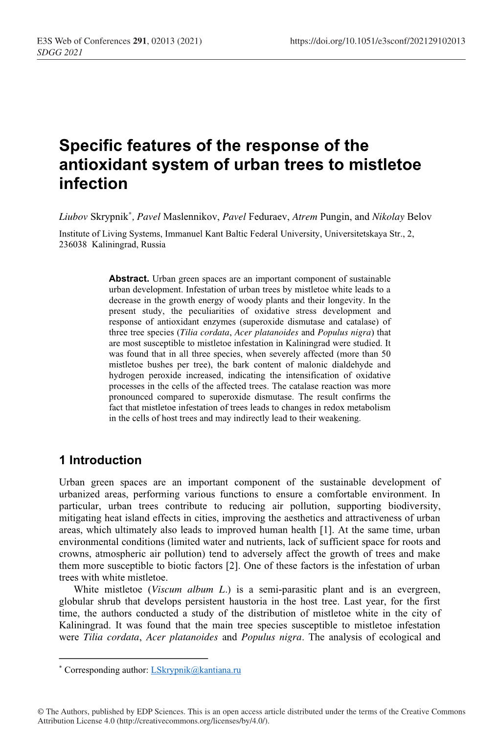 Specific Features of the Response of the Antioxidant System of Urban Trees to Mistletoe Infection