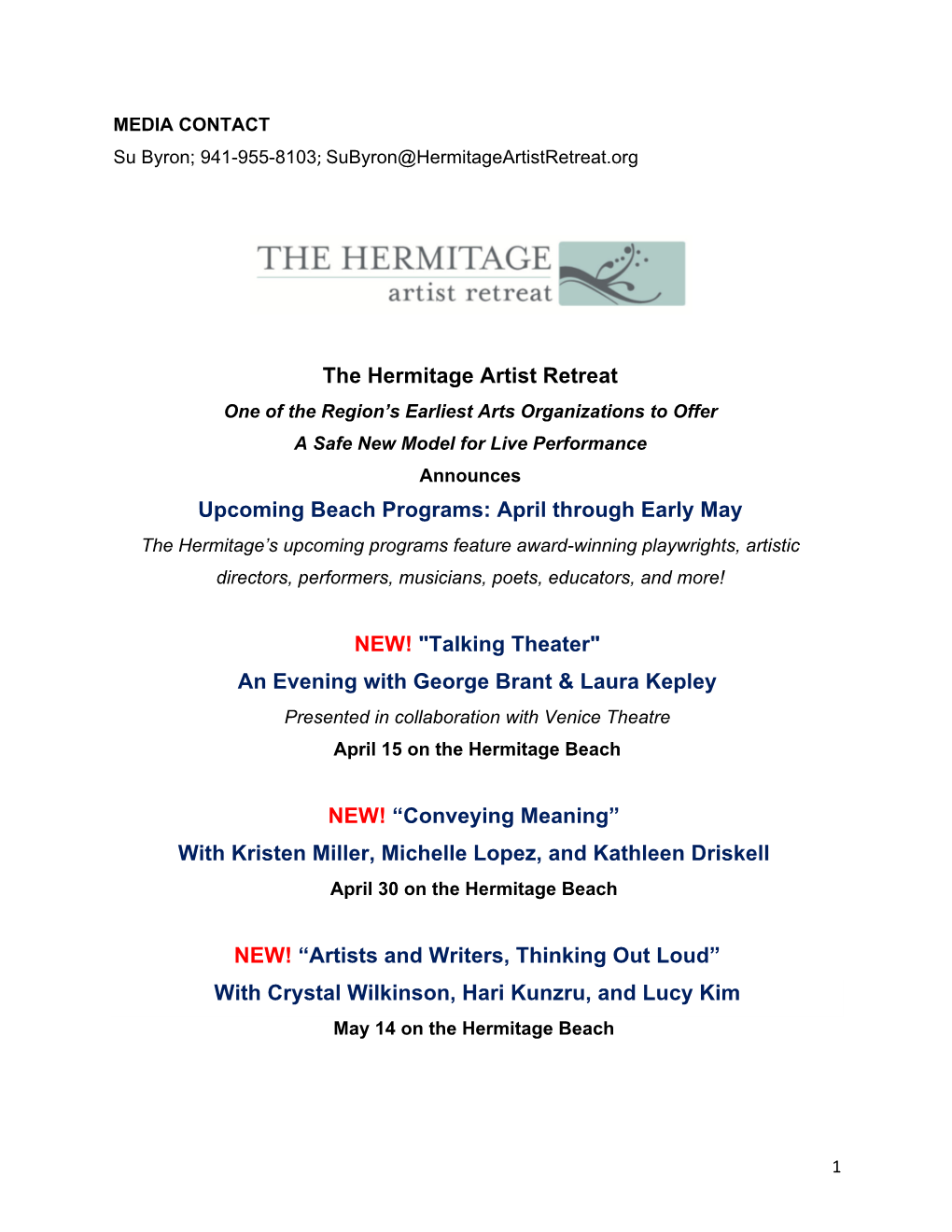 HERMITAGE Upcoming Programs April and May 2021