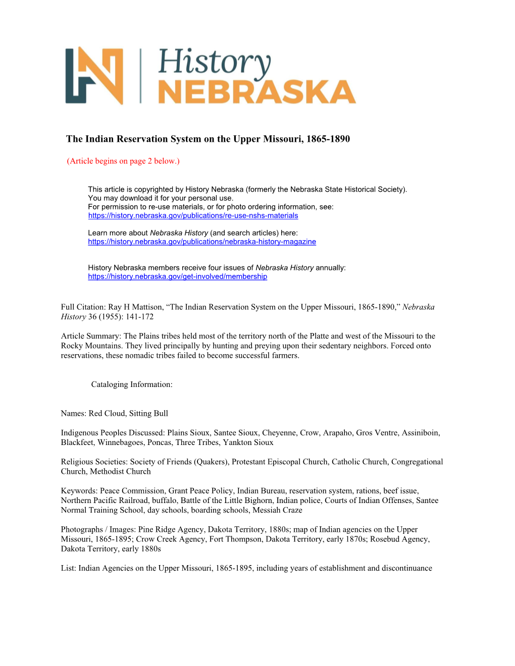 The Indian Reservation System on the Upper Missouri, 1865-1890