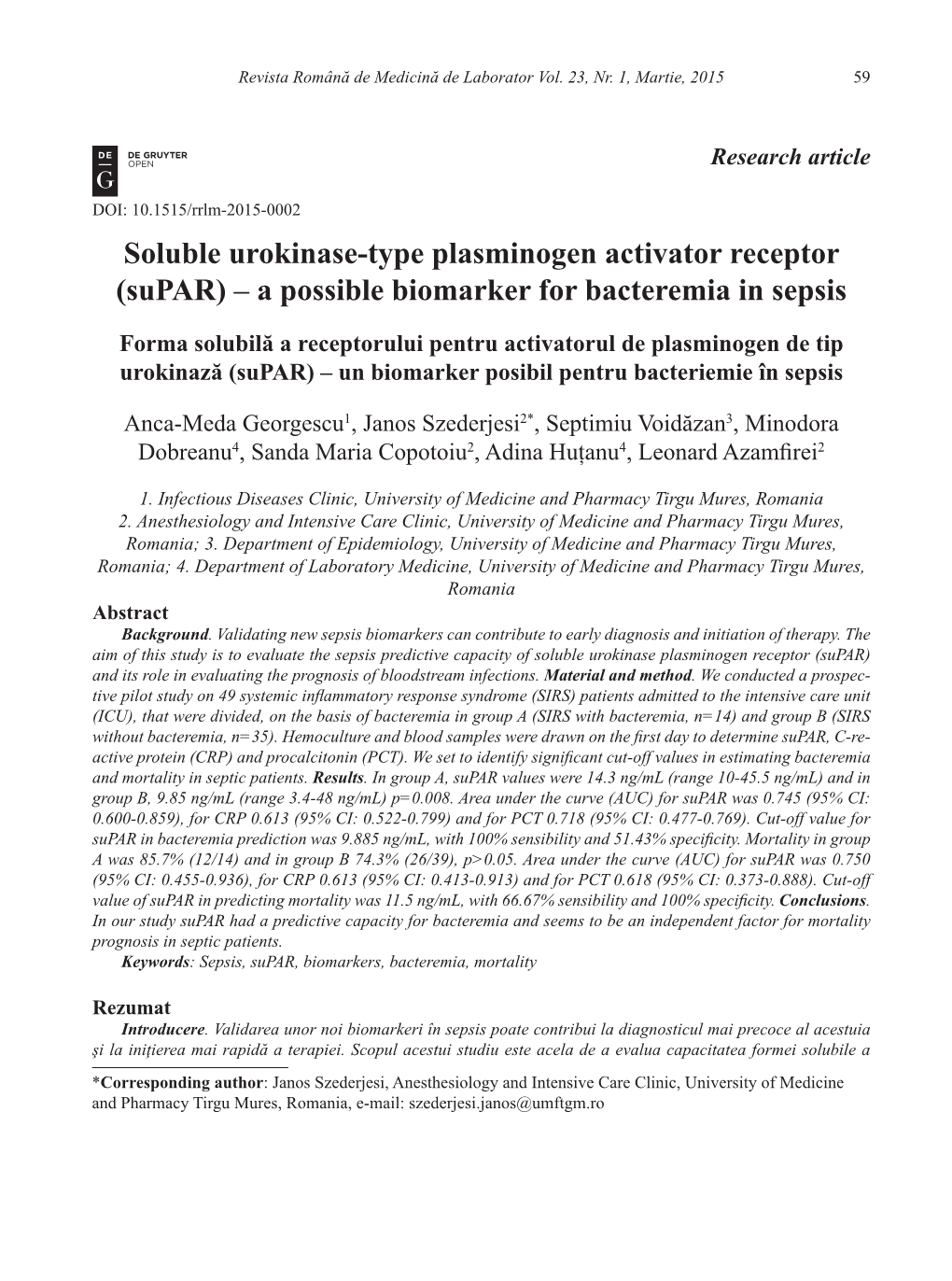 Soluble Urokinase-Type Plasminogen Activator Receptor (Supar) – a Possible Biomarker for Bacteremia in Sepsis