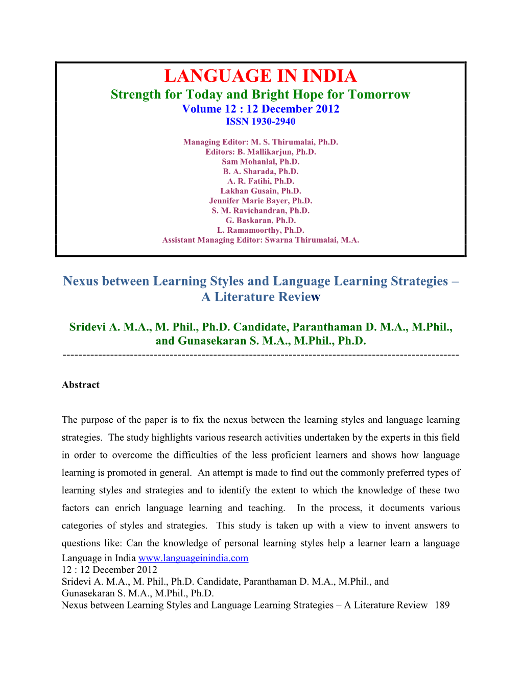 LANGUAGE in INDIA Strength for Today and Bright Hope for Tomorrow Volume 12 : 12 December 2012 ISSN 1930-2940