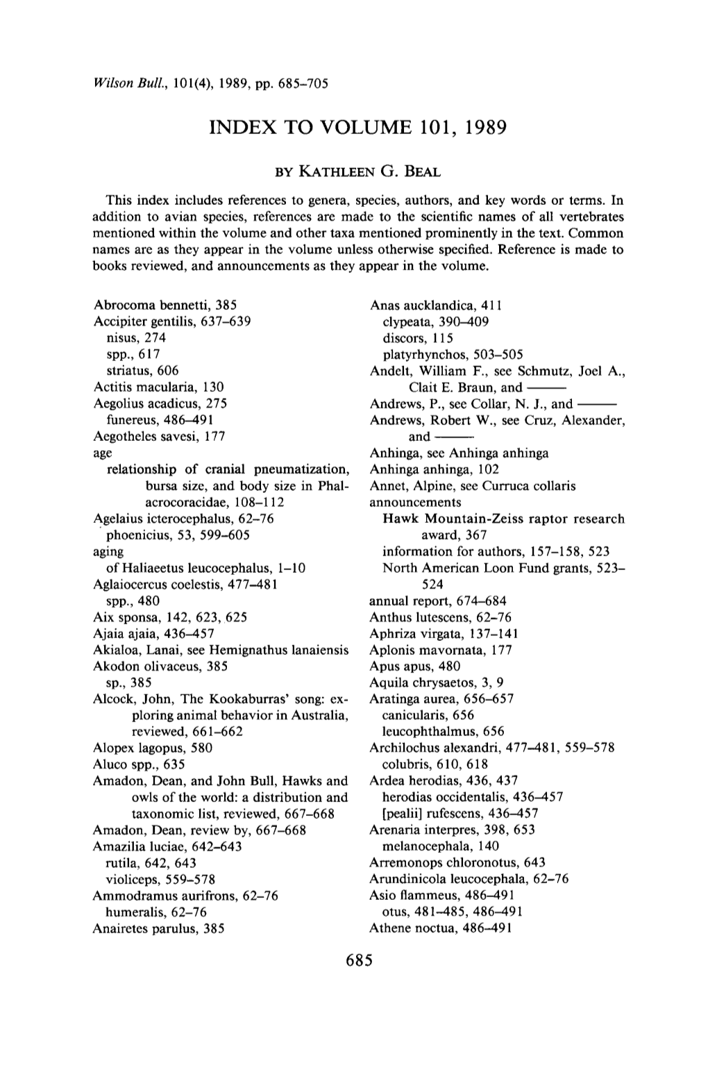Index to Volume 101, 1989
