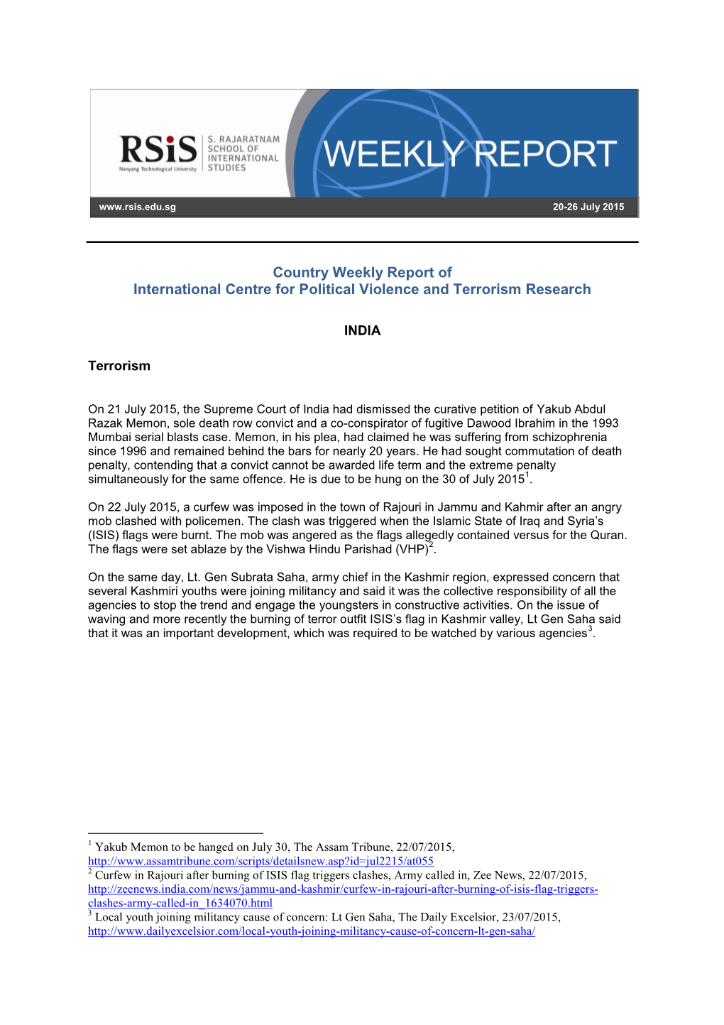 Country Weekly Report of International Centre for Political Violence and Terrorism Research