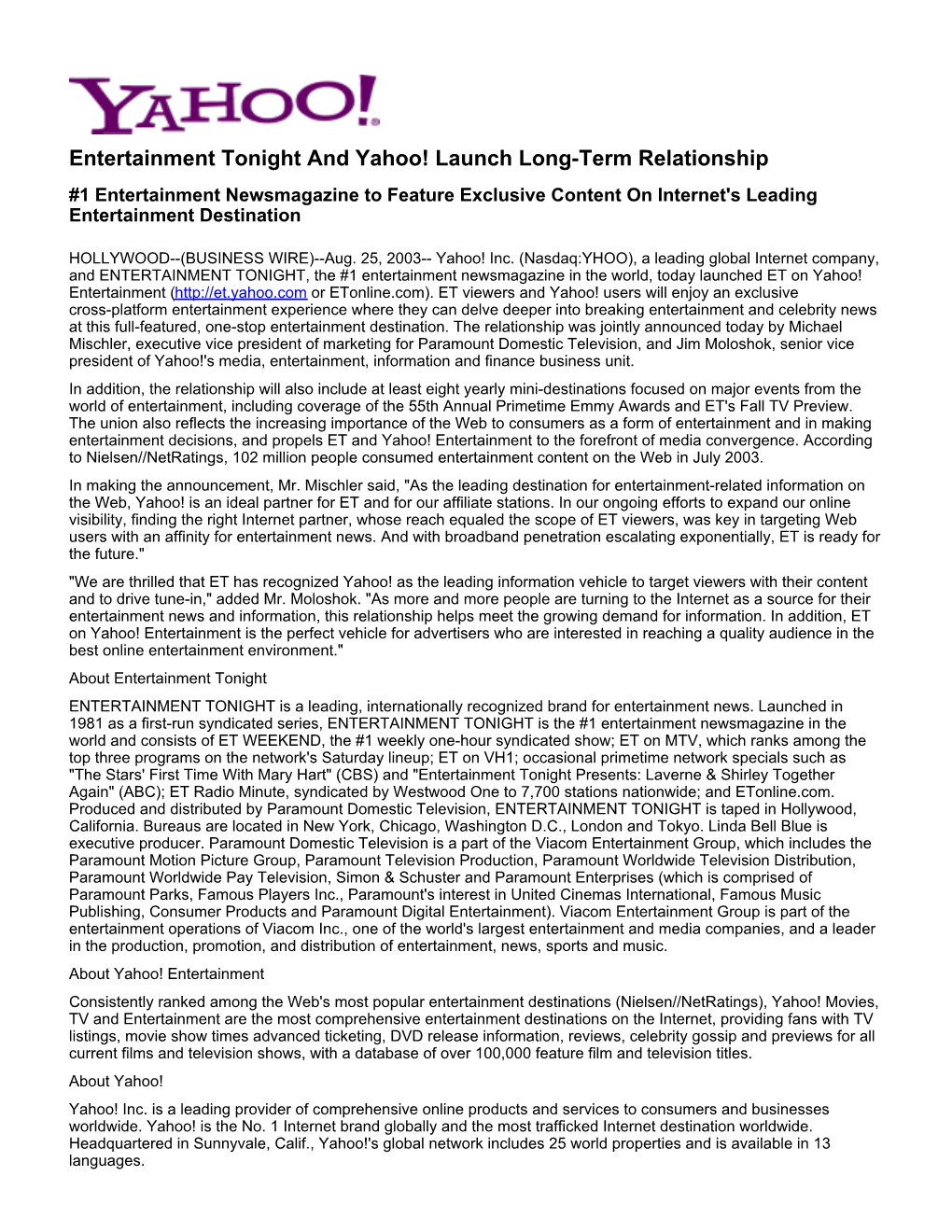 Entertainment Tonight and Yahoo! Launch Long-Term Relationship