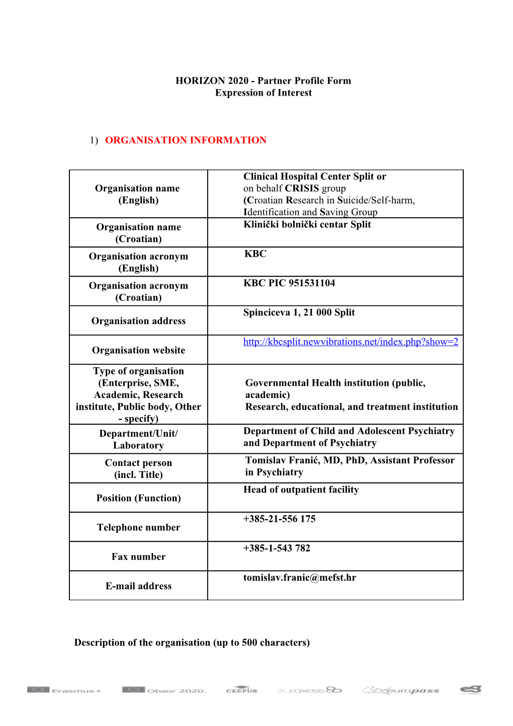 HORIZON 2020 - Partner Profile Form