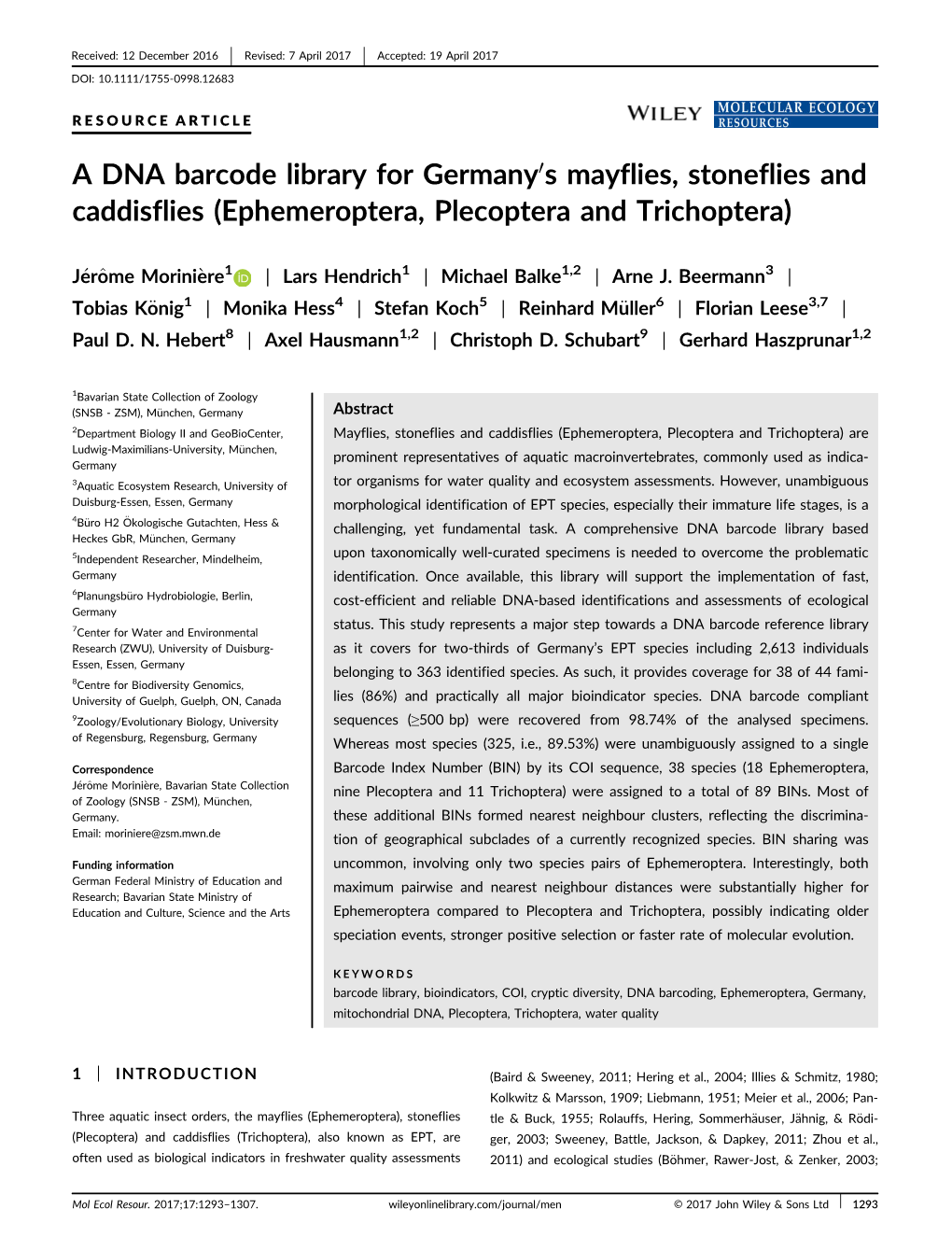 A DNA Barcode Library for Germany0s Mayflies, Stoneflies and Caddisflies (Ephemeroptera, Plecoptera and Trichoptera)