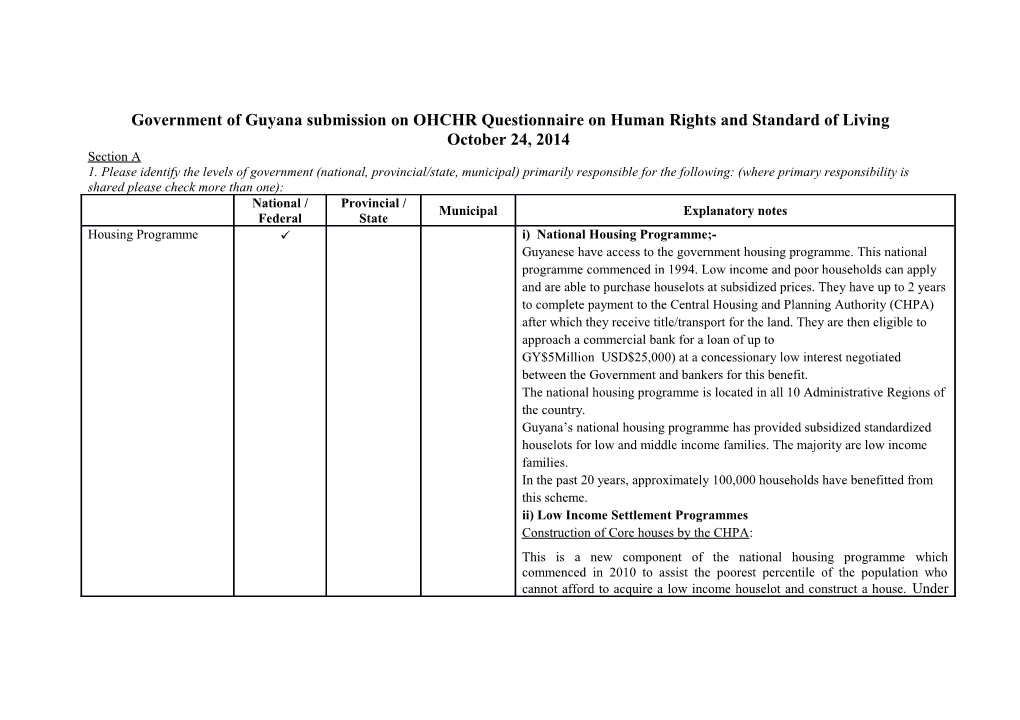 Government of Guyana Submission on OHCHR Questionnaire on Human Rights and Standard of Living