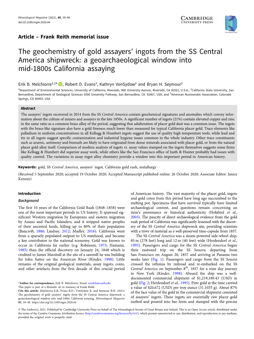 The Geochemistry of Gold Assayers' Ingots from the SS Central America