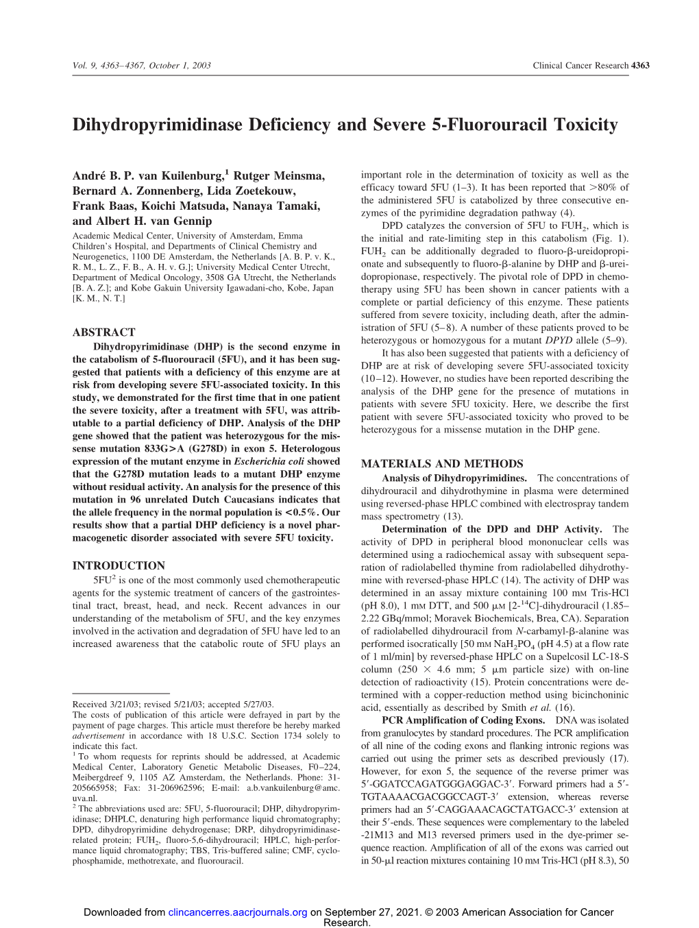 Dihydropyrimidinase Deficiency and Severe 5-Fluorouracil Toxicity