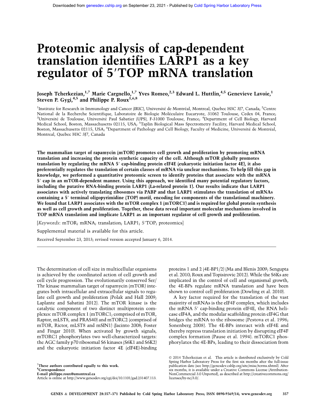 Proteomic Analysis of Cap-Dependent Translation Identifies LARP1 As a Key Regulator of 59TOP Mrna Translation