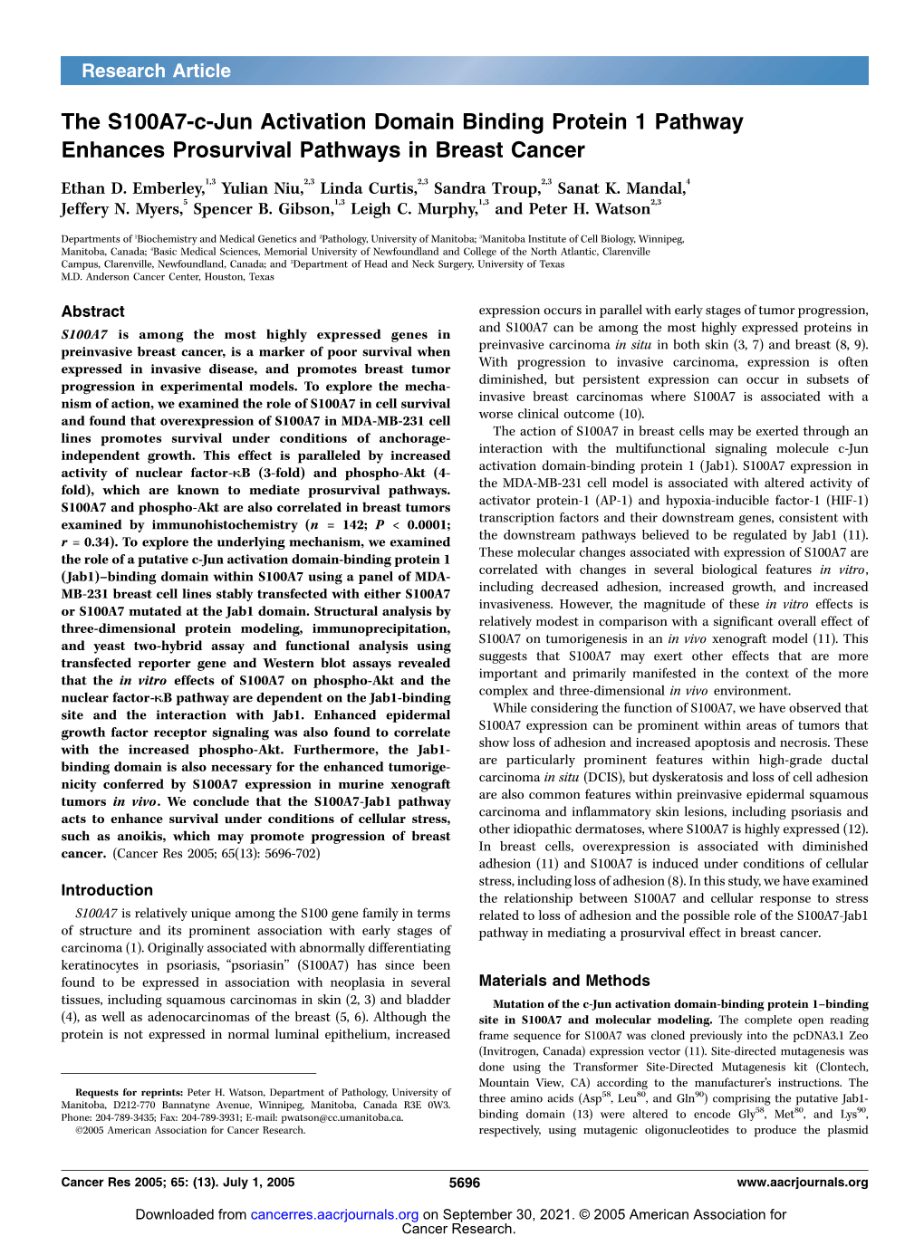 The S100A7-C-Jun Activation Domain Binding Protein 1 Pathway Enhances Prosurvival Pathways in Breast Cancer