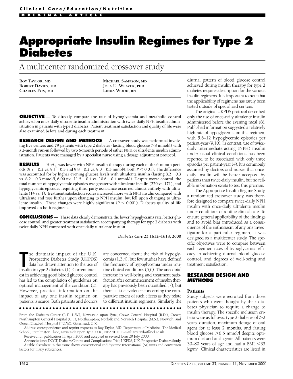 Appropriate Insulin Regimes for Type 2 Diabetes a Multicenter Randomized Crossover Study