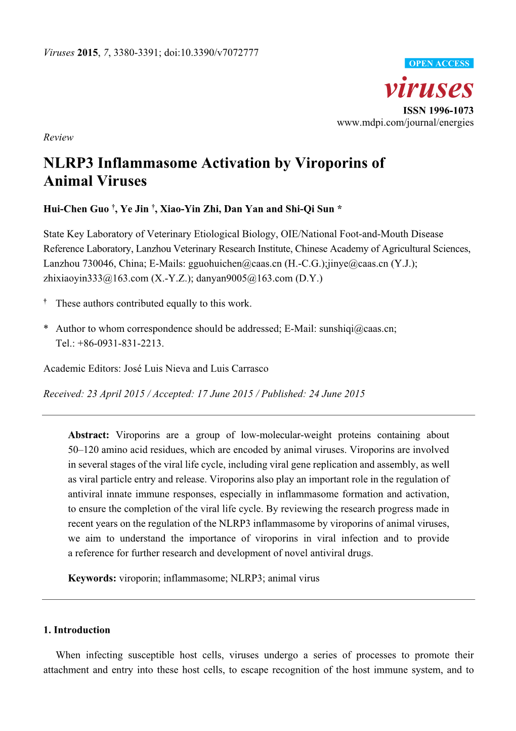 NLRP3 Inflammasome Activation by Viroporins of Animal Viruses