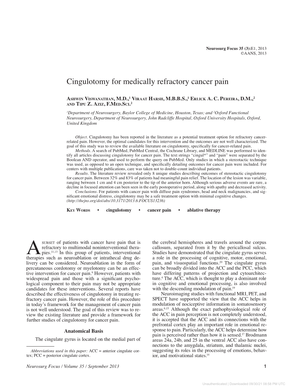 Cingulotomy for Medically Refractory Cancer Pain