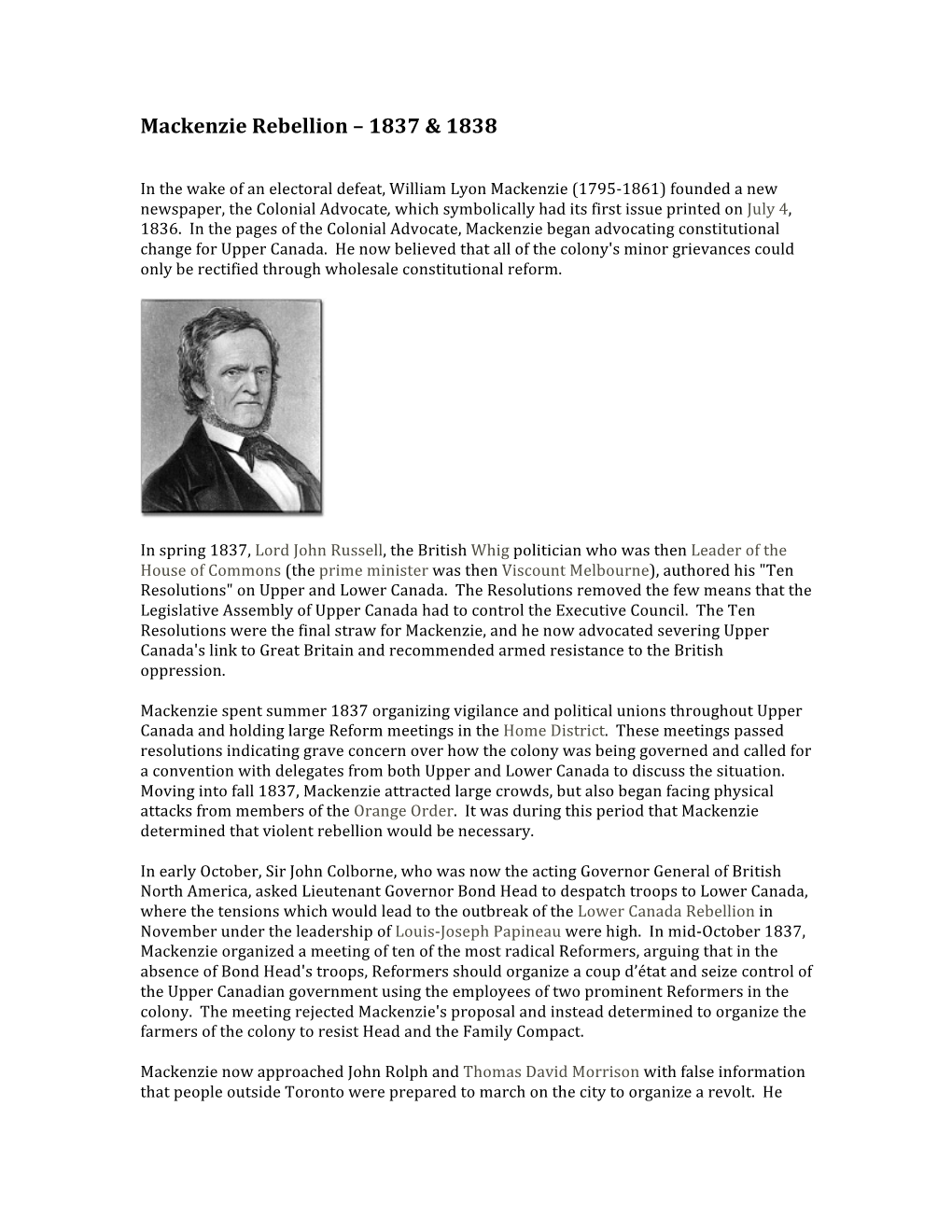 Mackenzie Rebellion – 1837 & 1838