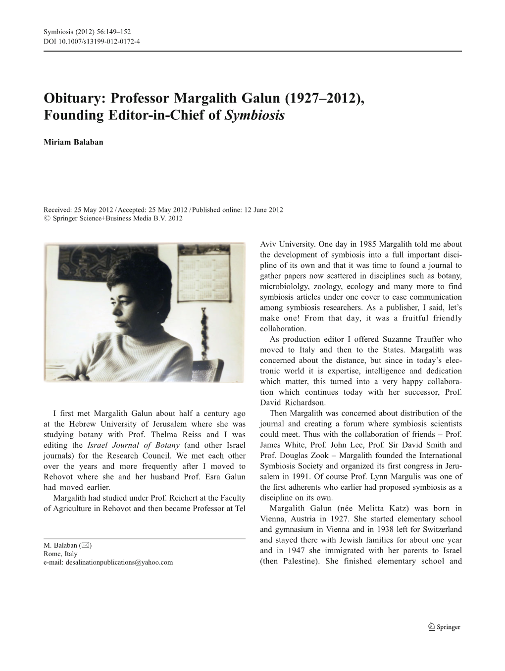 Obituary: Professor Margalith Galun (1927–2012), Founding Editor-In-Chief of Symbiosis