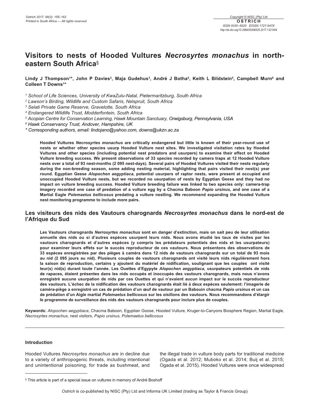 Visitors to Nests of Hooded Vultures Necrosyrtes Monachus in North- Eastern South Africa§