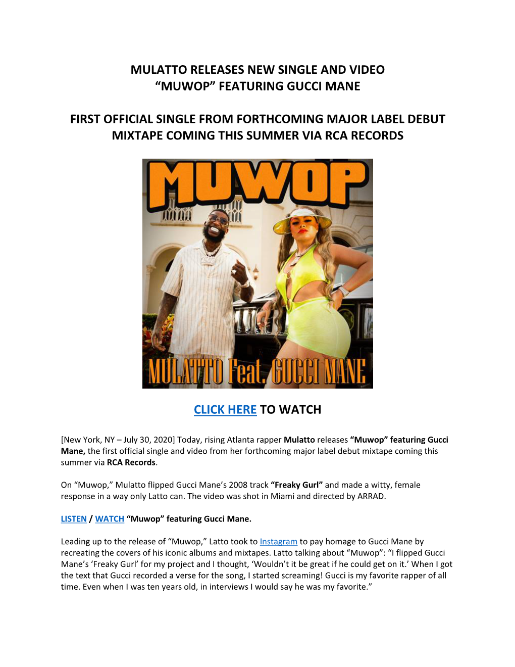 Mulatto Releases New Single and Video “Muwop” Featuring Gucci Mane