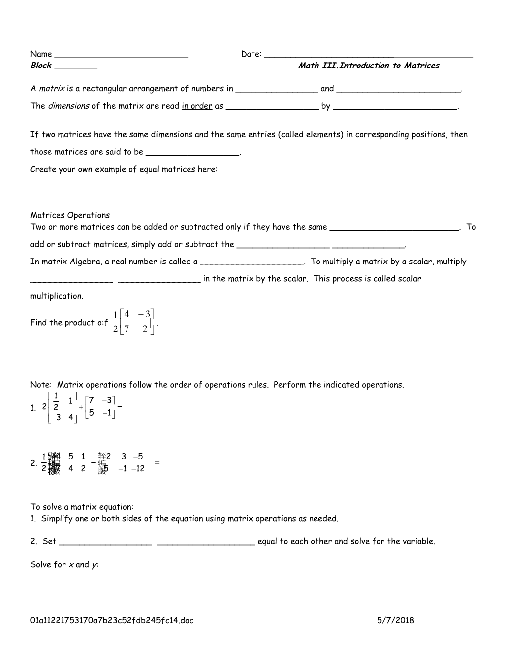 Block Math III.Introduction to Matrices