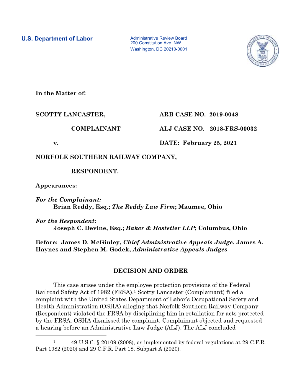 Lancaster V. Norfolk Southern Railway Co., ARB No. 2019-0048, ALJ No