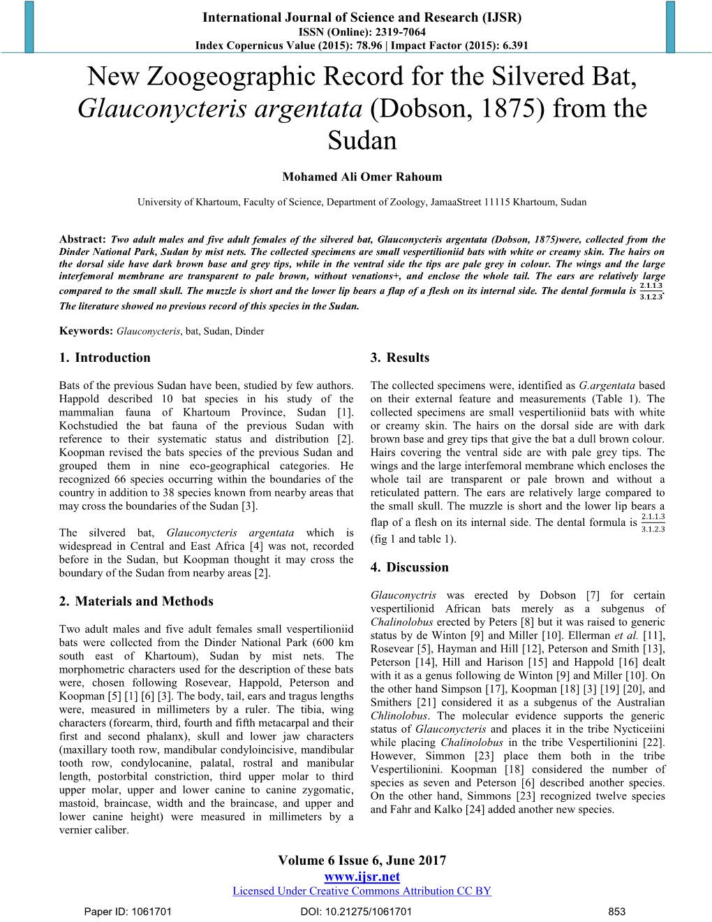 New Zoogeographic Record for the Silvered Bat, Glauconycteris Argentata (Dobson, 1875) from the Sudan