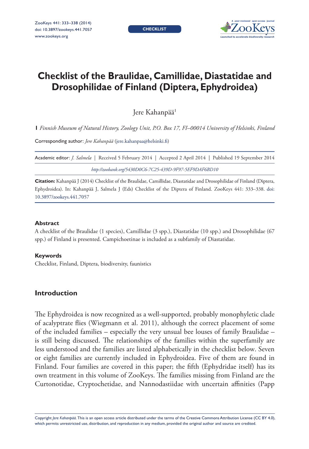 ﻿﻿﻿﻿﻿Checklist of the Braulidae, Camillidae, Diastatidae And