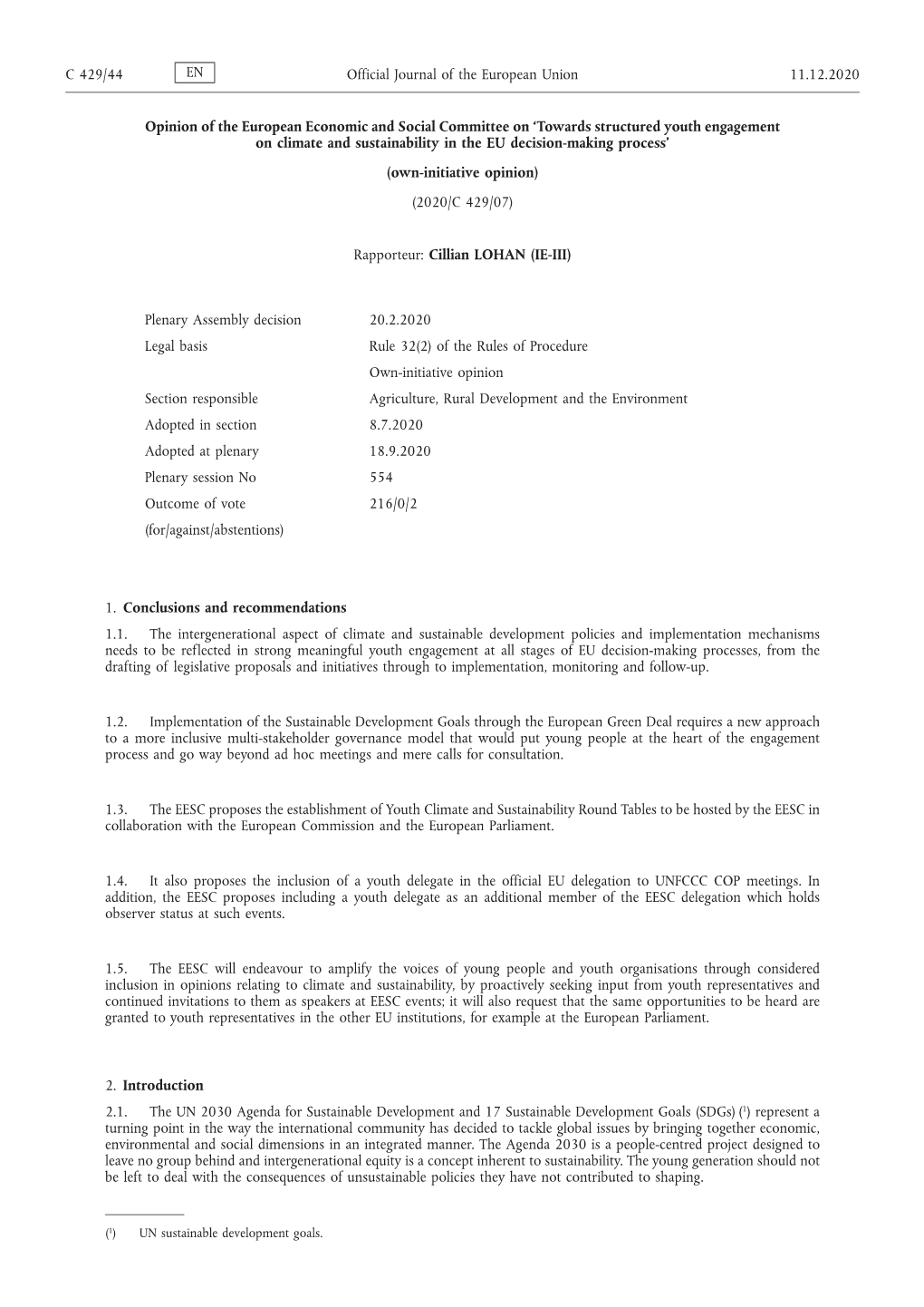 Towards Structured Youth Engagement on Climate and Sustainability in the EU Decision-Making Process’ (Own-Initiative Opinion) (2020/C 429/07)