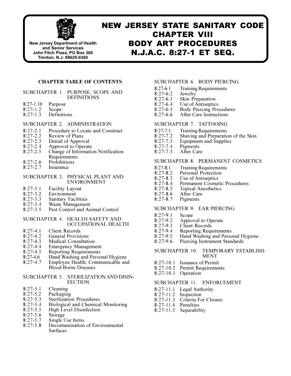 N.J.A.C. 8:27-1 Et Seq. Body Art Procedures