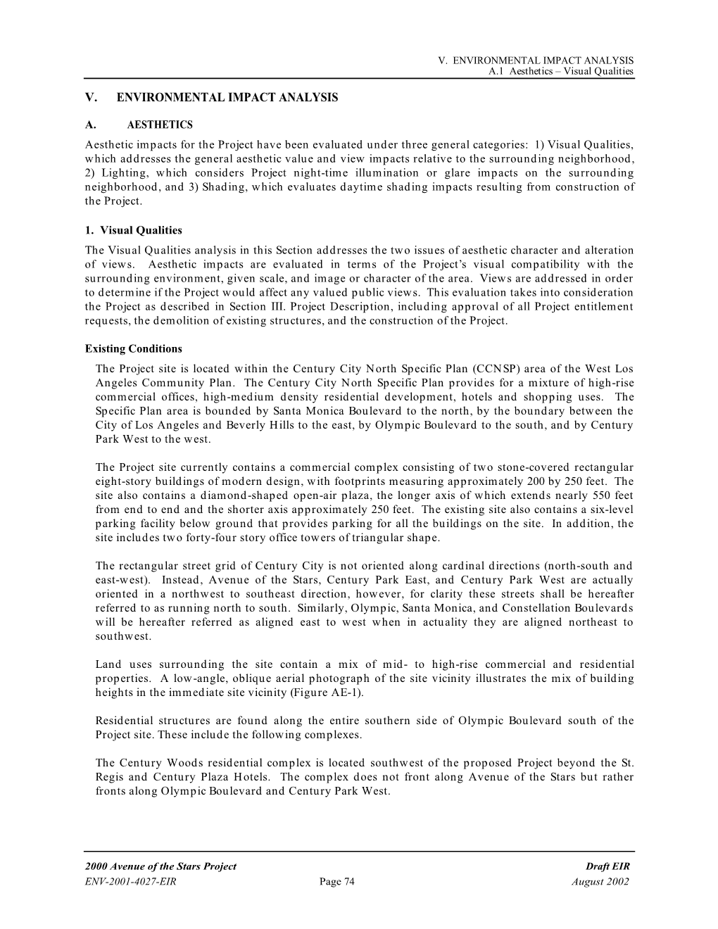 V. ENVIRONMENTAL IMPACT ANALYSIS A.1 Aesthetics – Visual Qualities