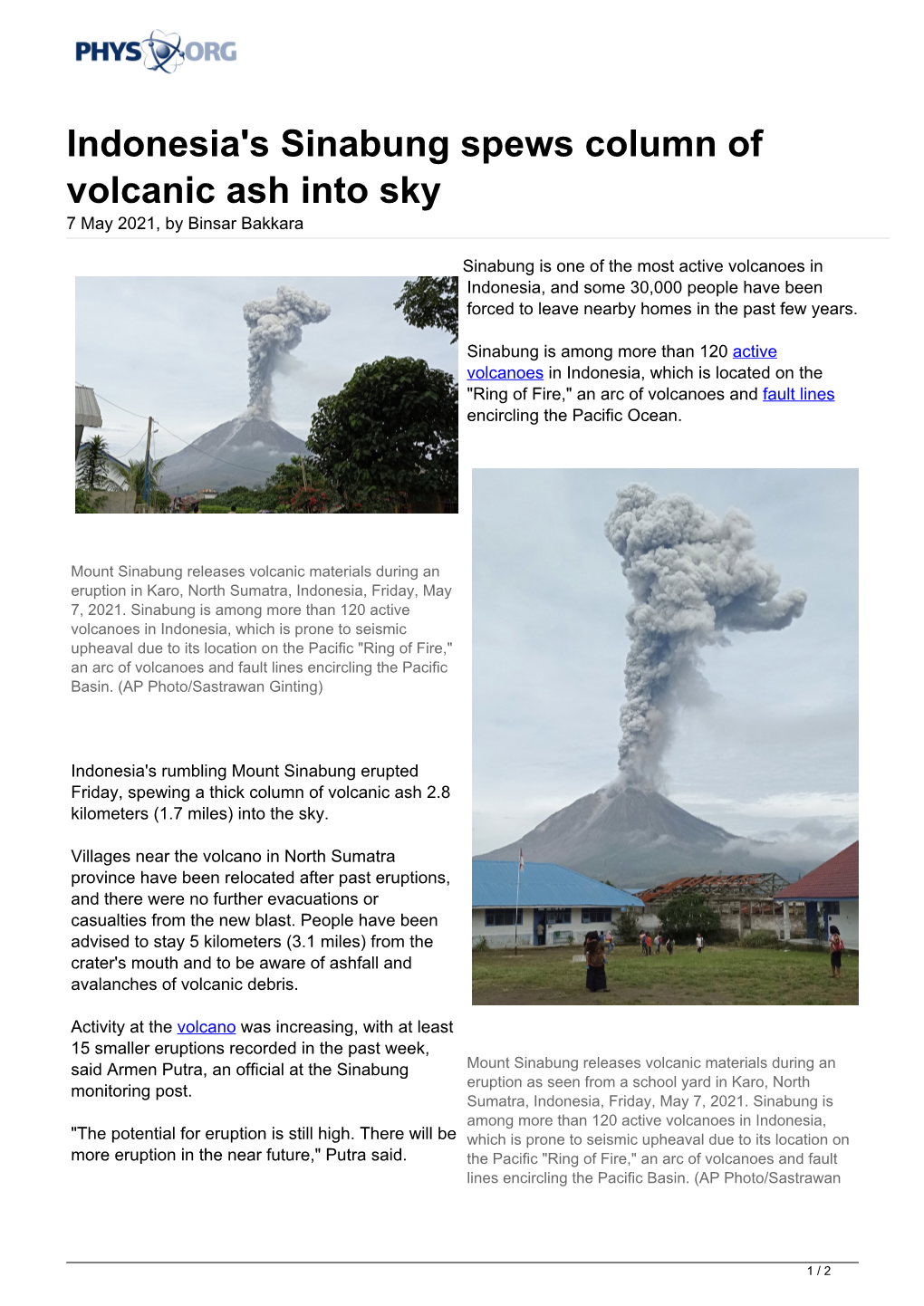 Indonesia's Sinabung Spews Column of Volcanic Ash Into Sky 7 May 2021, by Binsar Bakkara