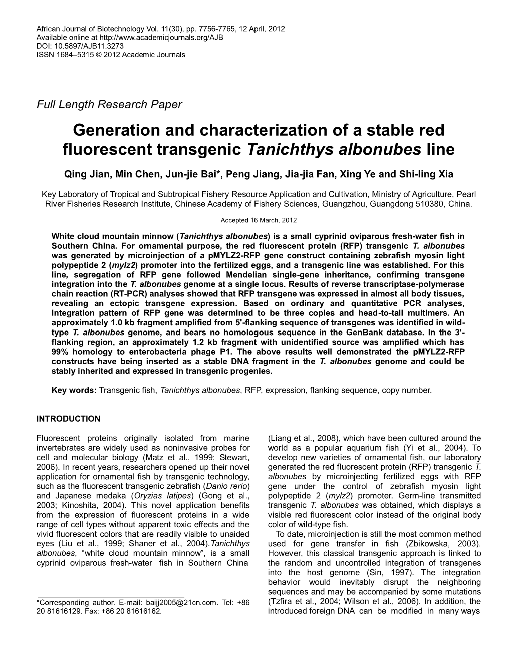 Generation and Characterization of a Stable Red Fluorescent Transgenic Tanichthys Albonubes Line